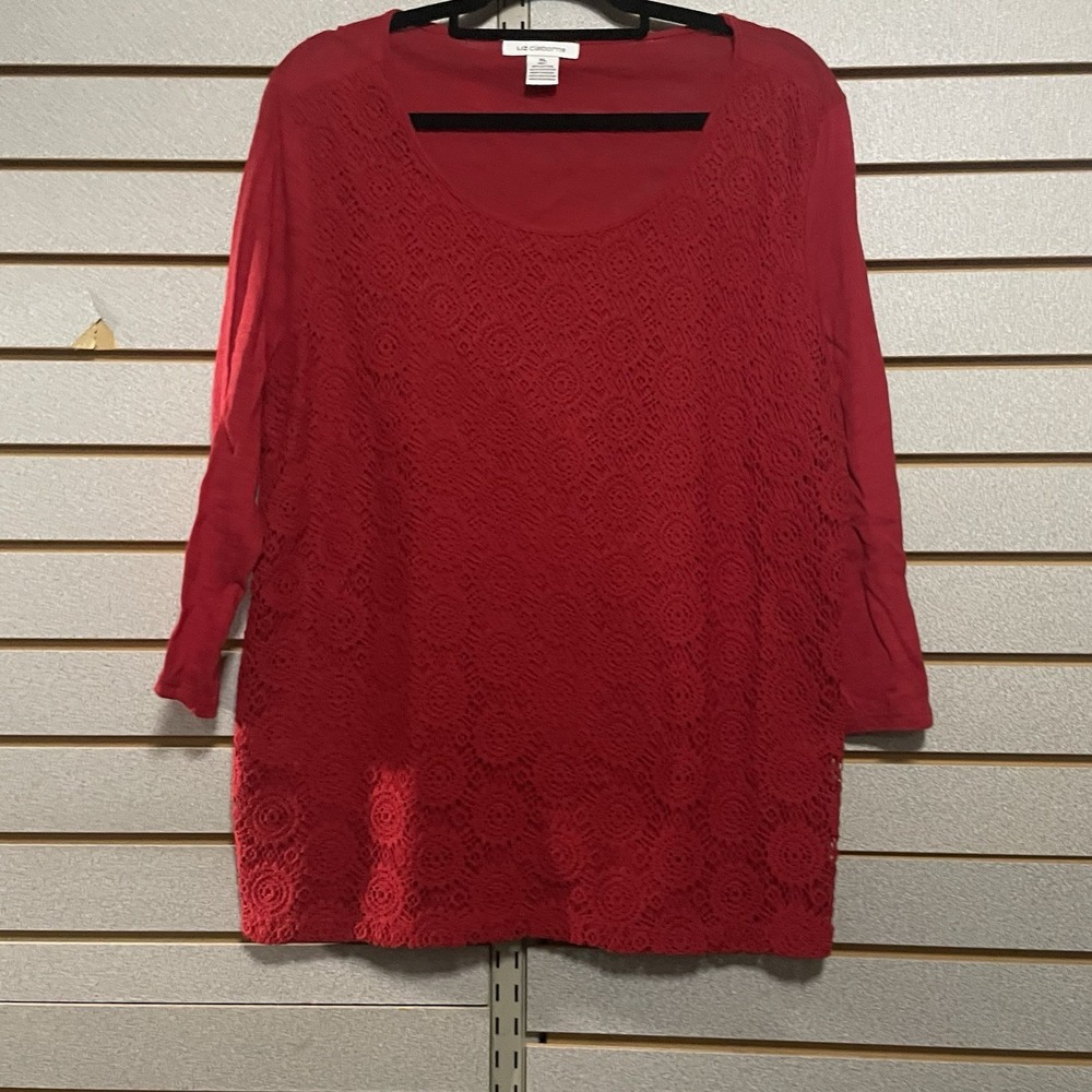 Liz Claiborne XL Red 3/4 Sleeve Top Shirt Blouseβ Embroidered Lace Overlay
